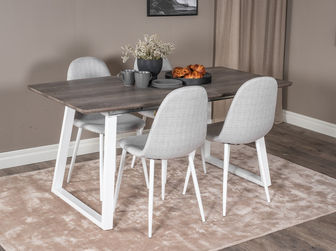 Conjunto de mesas y sillas para comedor Dallas 1979 (Blanco + Gris claro)