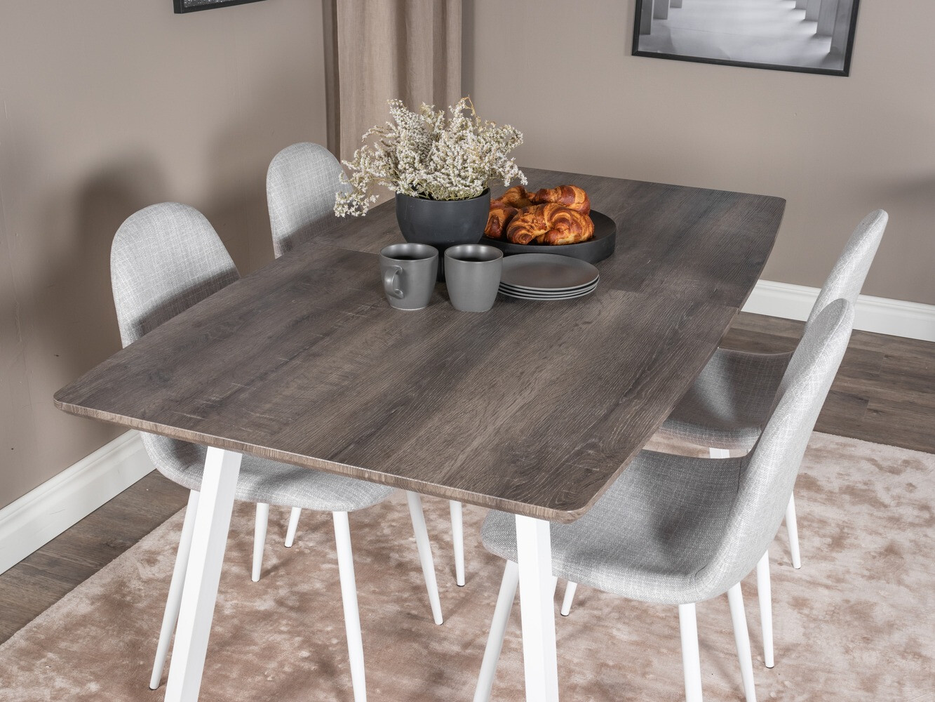 Conjunto de mesas y sillas para comedor Dallas 1979 (Blanco + Gris claro)