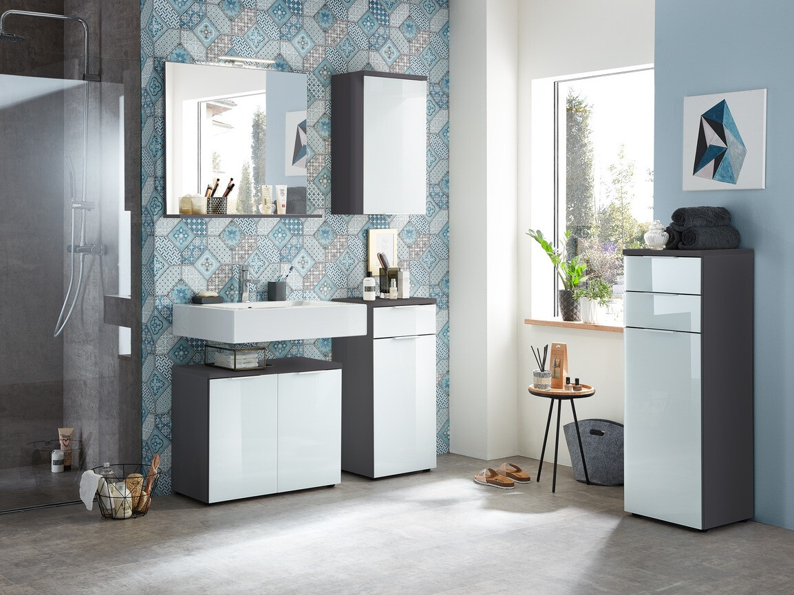 Armario de pie para baño Levciro 101 (Blanco brillante + Grafito)