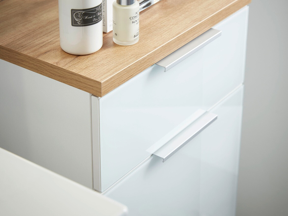 Armario de pie para baño Levciro 101 (Blanco brillante + Navarra roble)