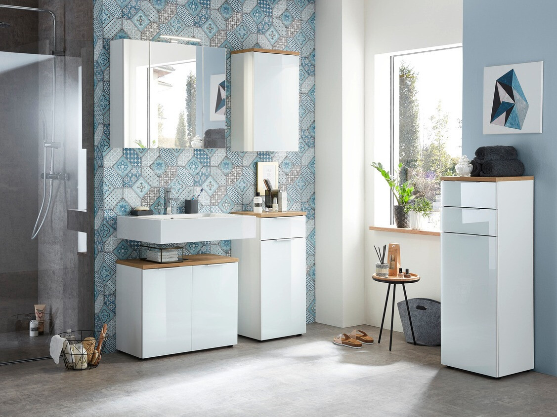 Armario de pie para baño Levciro 101 (Blanco brillante + Navarra roble)