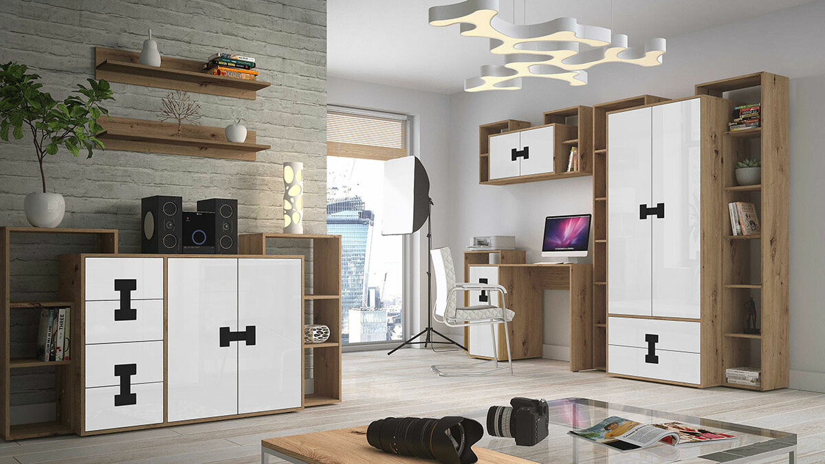 Armario de pared Florevi 107 (Blanco brillante + Roble Artisan)