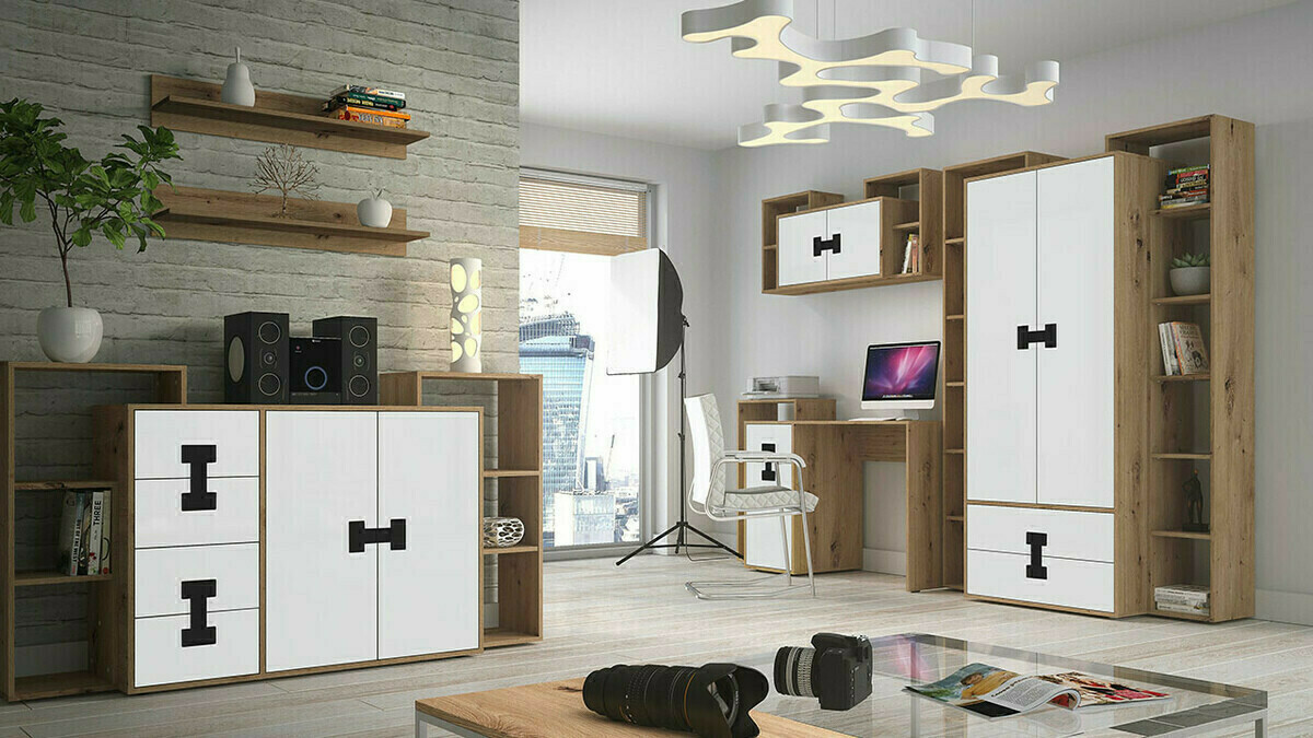 Juego de muebles Florevi 105 (Mate blanco + Roble Artisan)