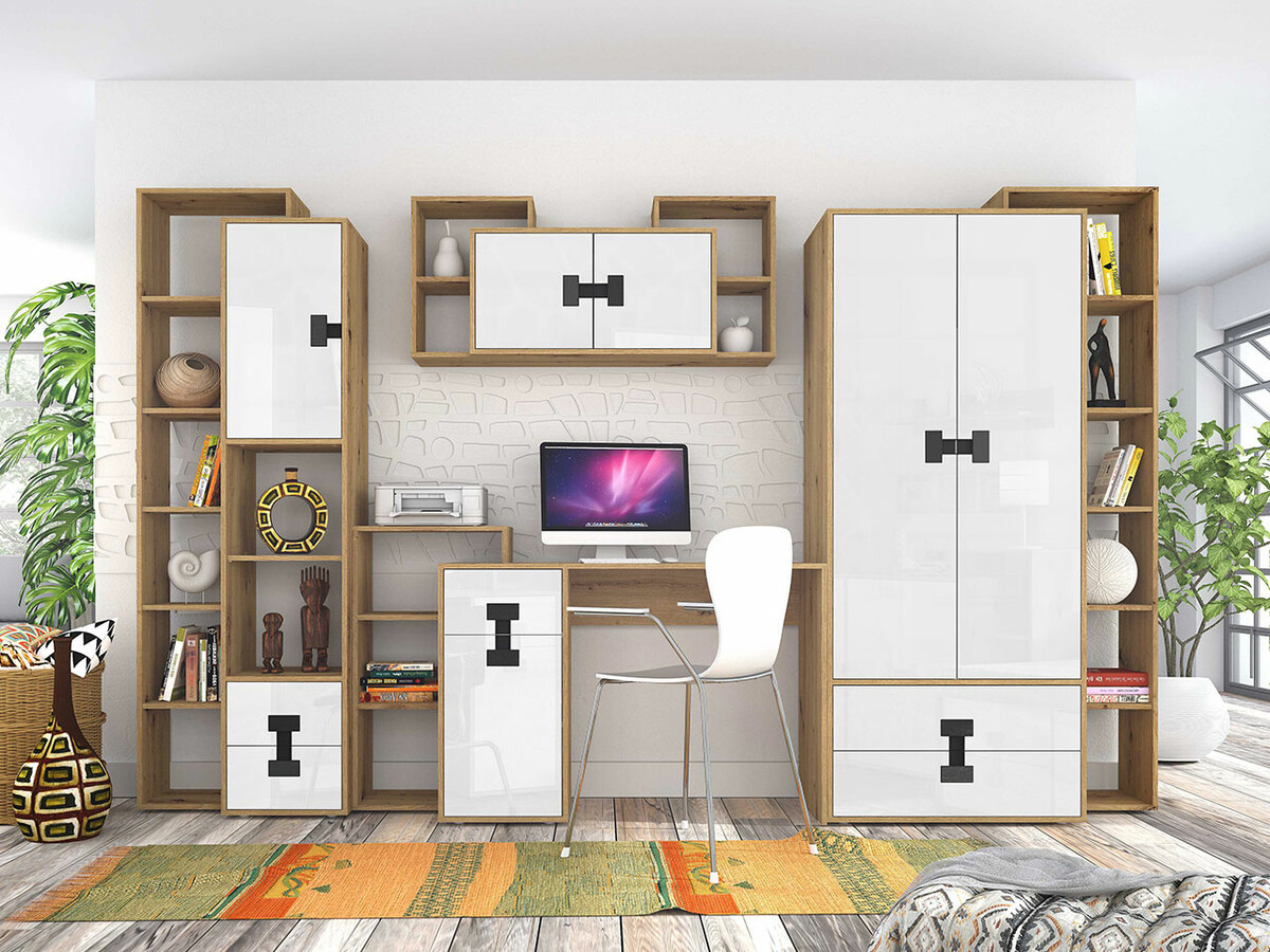 Mesa de oficina Florevi 100 (Blanco brillante + Roble Artisan)