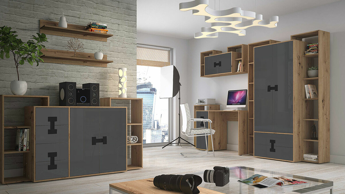 Mesa de oficina Florevi 100 (Gris brillante + Roble Artisan)