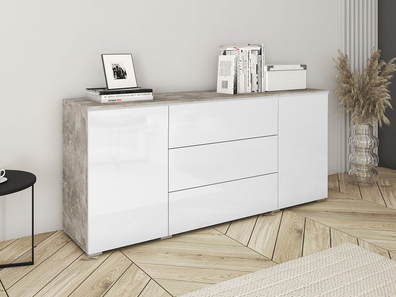 Cómoda Mirfivo 102 (Hormigón + Blanco brillante)