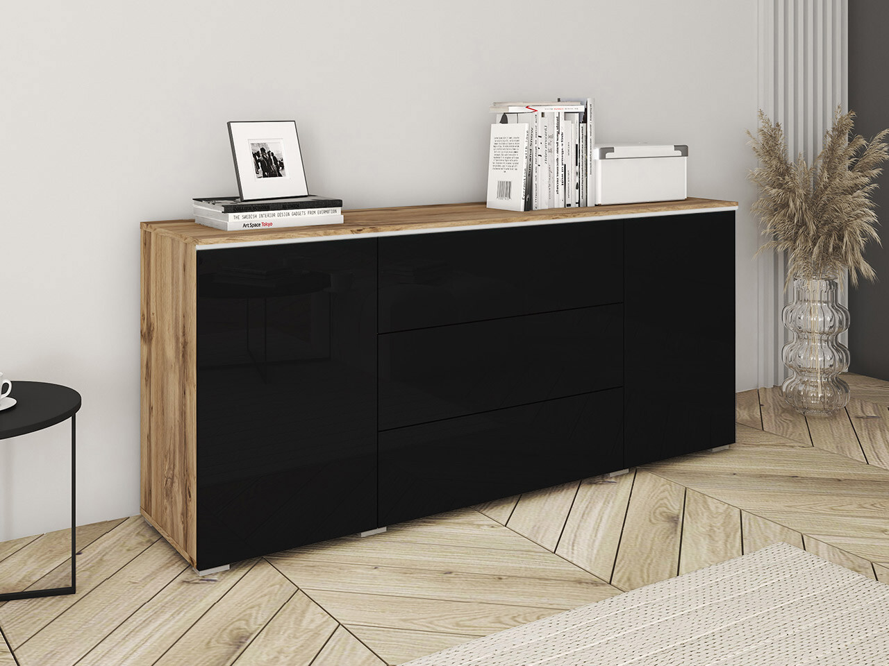 Cómoda Sarasota 142 (Roble wotan + Negro brillante)