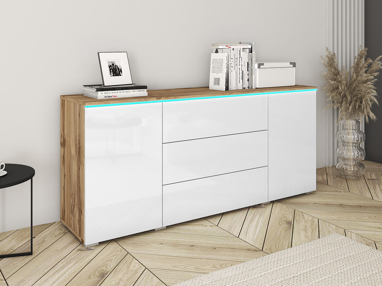 Cómoda Sarasota 142 (Roble wotan + Blanco brillante)