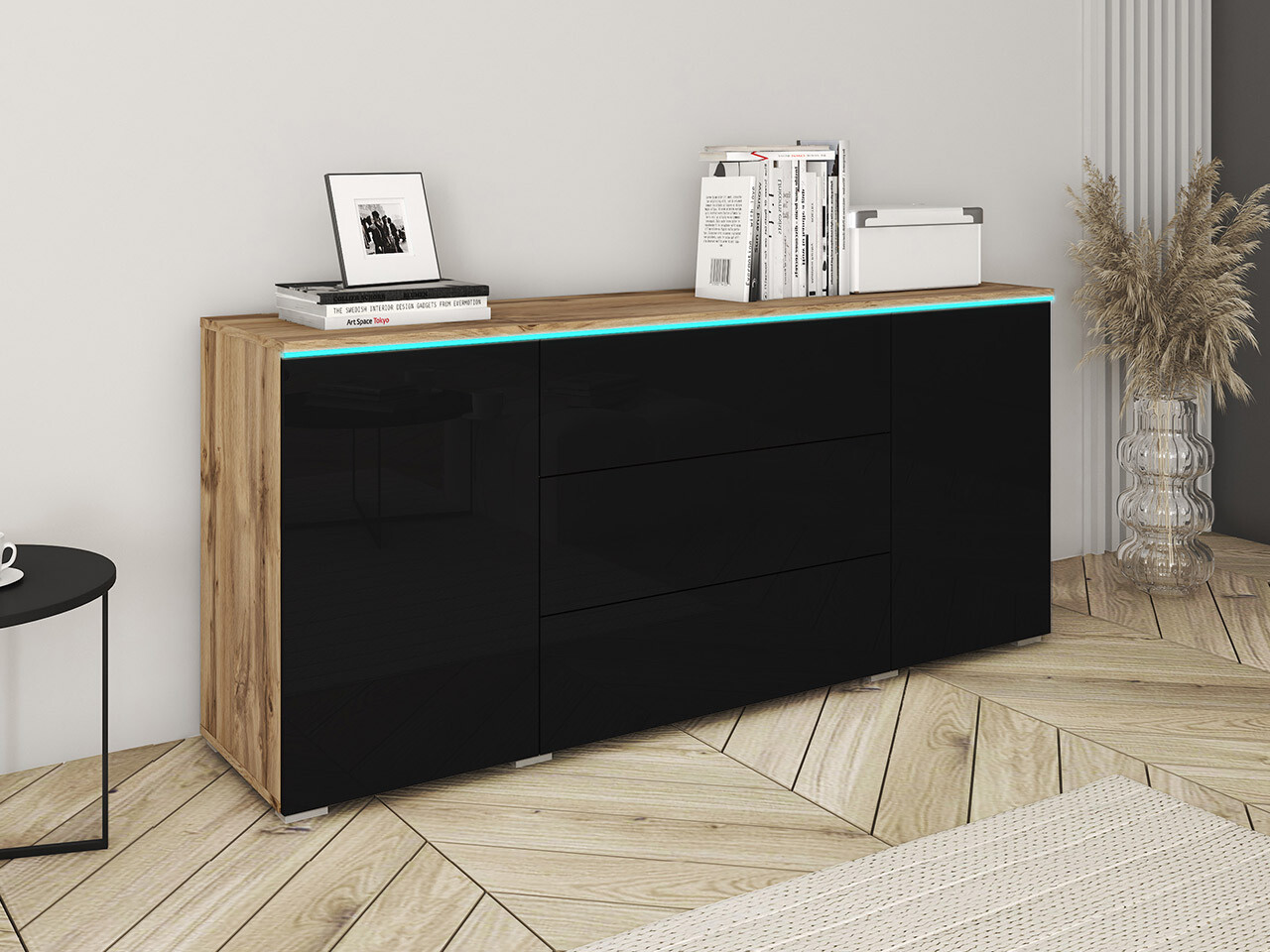 Cómoda Sarasota 142 (Roble wotan + Negro brillante)