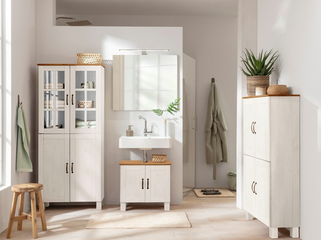 Armario de baño de pie Denton 1433 (Blanco + Miel de roble)