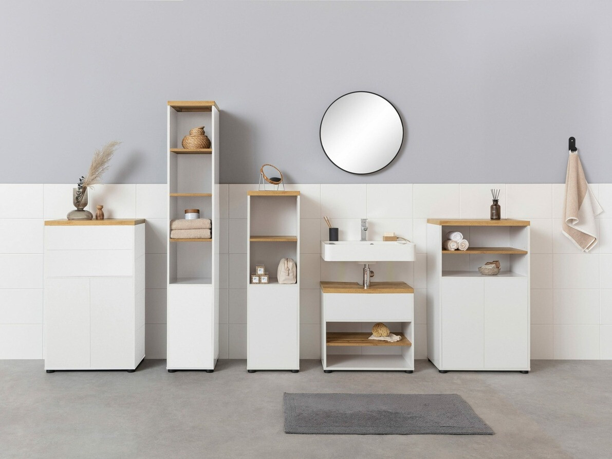 Armario de baño de pie Denton 828 (Blanco + Roble)