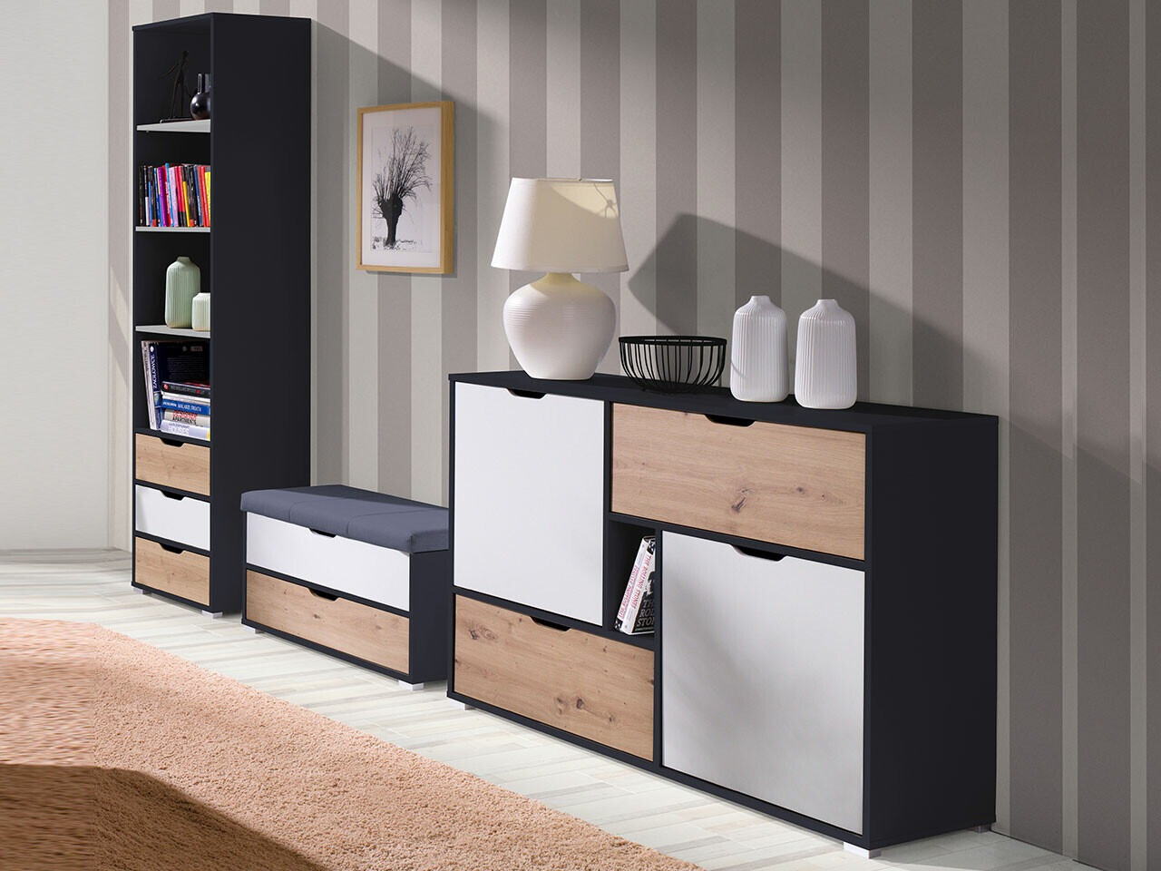 Juego de muebles Providence H121 (Blanco + Grafito + Roble Artisan)