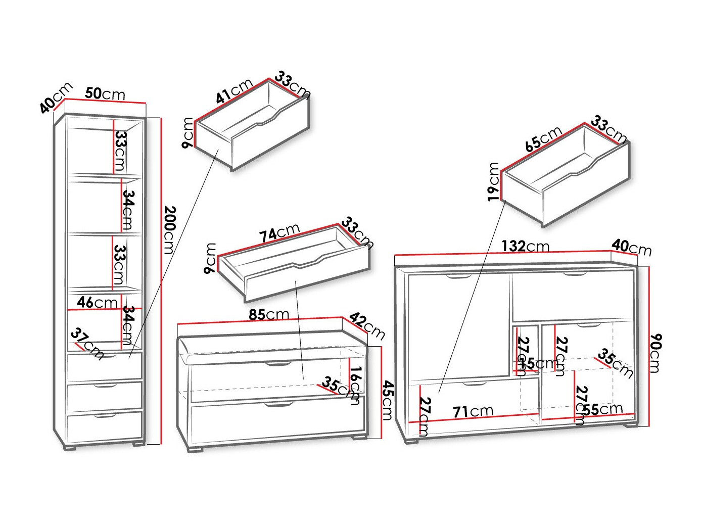 Juego de muebles Providence H121 (Blanco + Grafito + Roble Artisan)