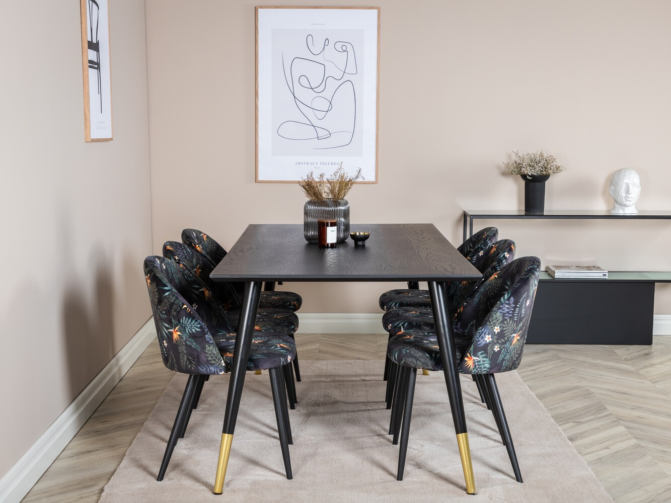 Conjunto de mesas y sillas para comedor Dallas 1876 (Patrón floral + Negro)