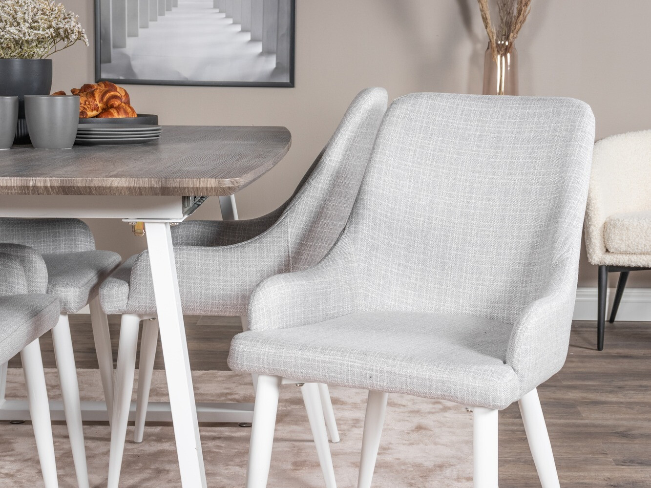 Conjunto de mesas y sillas para comedor Dallas 1978 (Blanco + Gris claro)