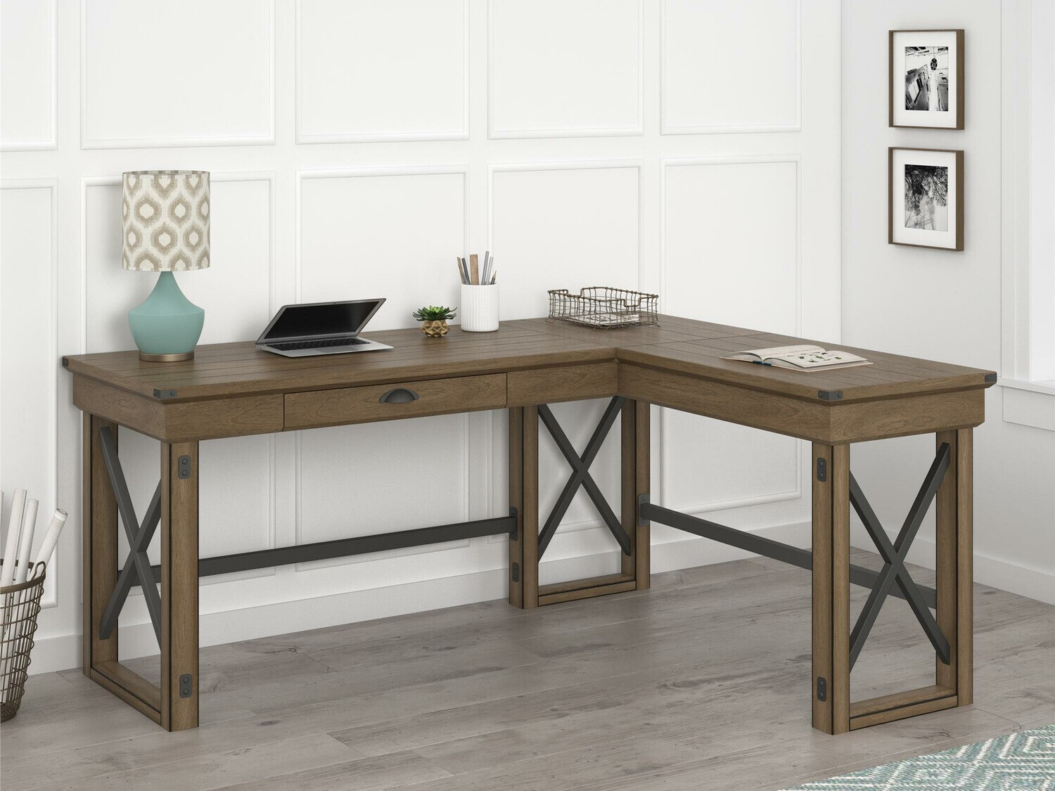 Mesa de ordenador esquinera Tulsa 450 (Gris + Roble)