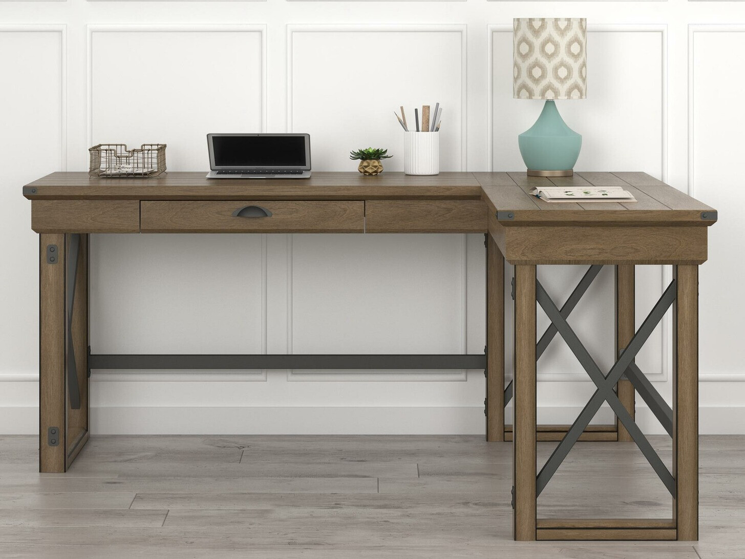 Mesa de ordenador esquinera Tulsa 450 (Gris + Roble)