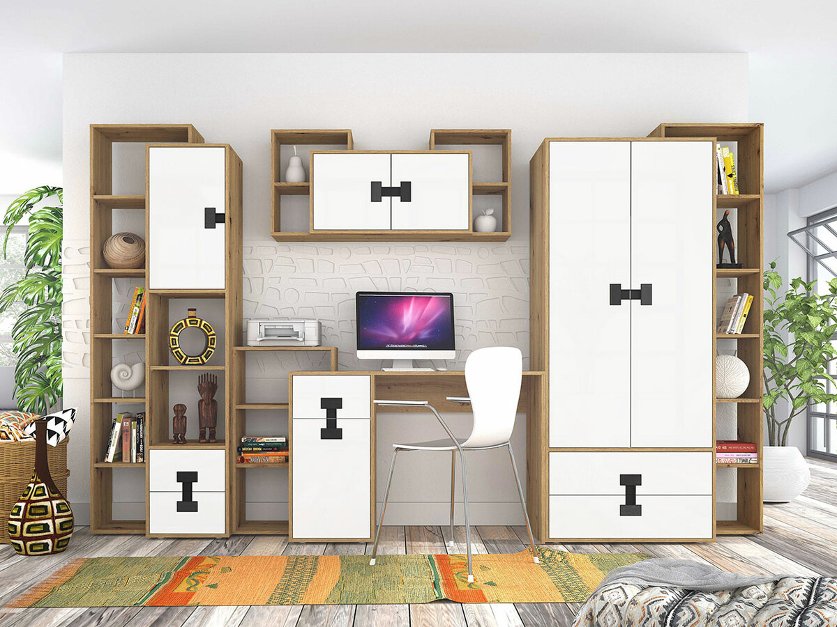 Mesa de oficina Florevi 101 (Blanco brillante + Roble Artisan)