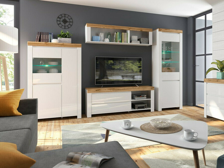 Estantería de pared Sonsoru 109 (Blanco + Blanco brillante + Roble wotan)