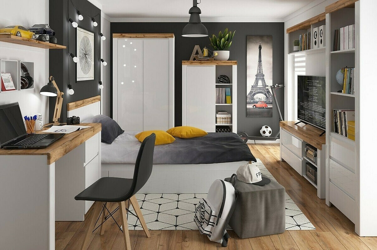 Estantería de pared Sonsoru 109 (Blanco + Blanco brillante + Roble wotan)