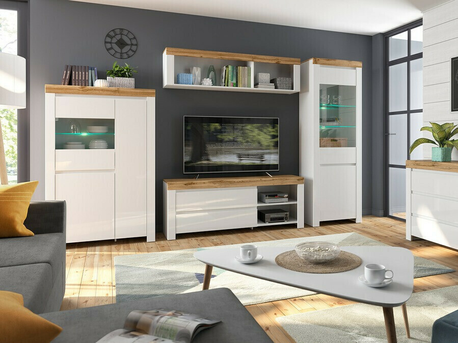 Mueble TV Sonsoru 108 (Blanco + Blanco brillante + Roble wotan)