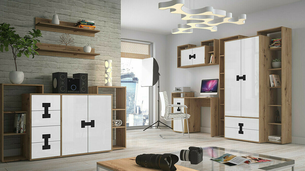 Cómoda Florevi 102 (Blanco brillante + Roble Artisan)