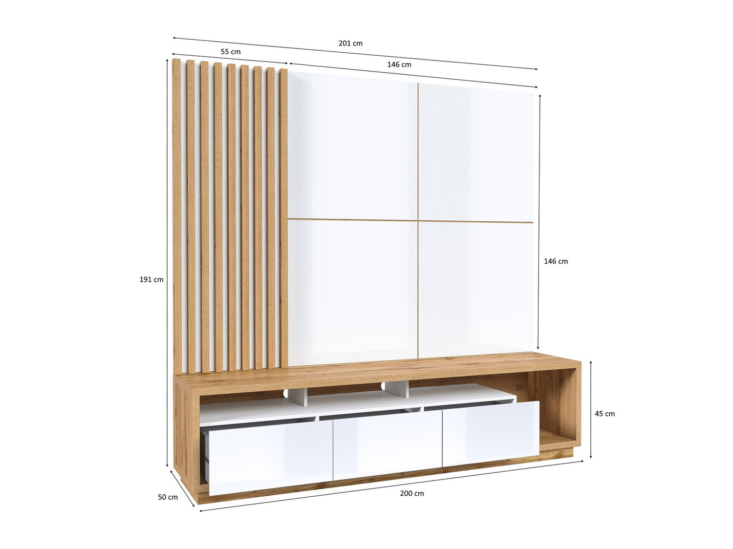 Conjunto de salón Austin 360 (Roble wotan + Blanco + Blanco brillante)