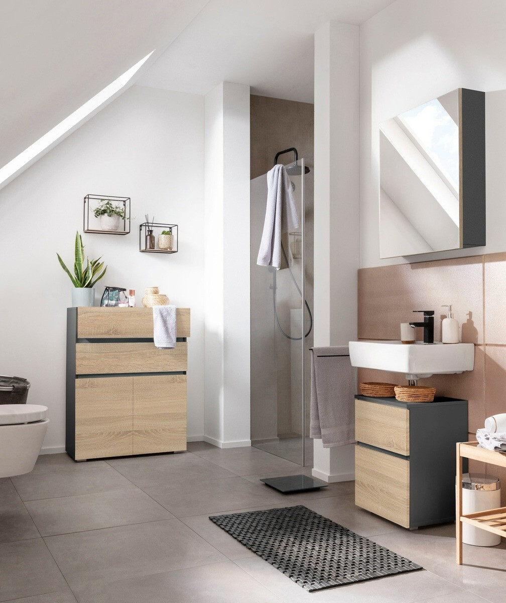 Armario de baño de pie para lavabo Soncamu 103 (Antracita + Roble)