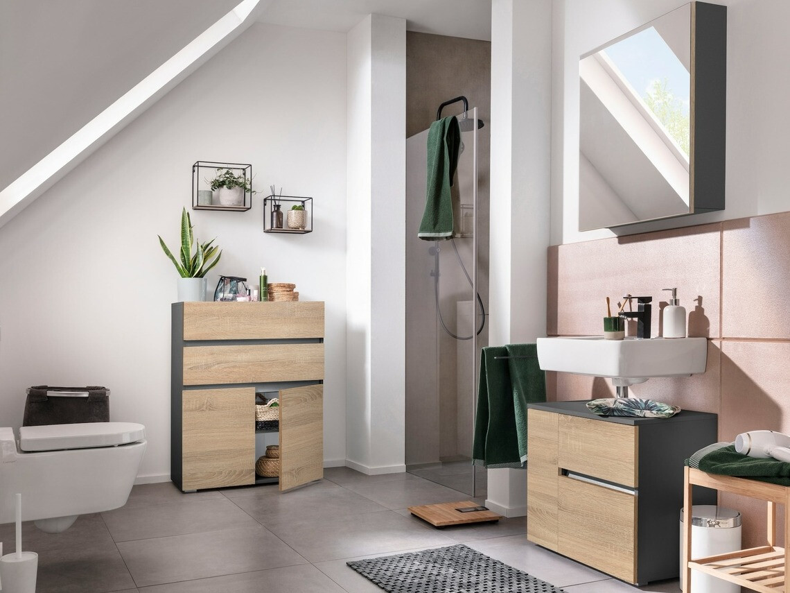 Armario de pie para baño Soncamu 101 (Antracita + Roble)