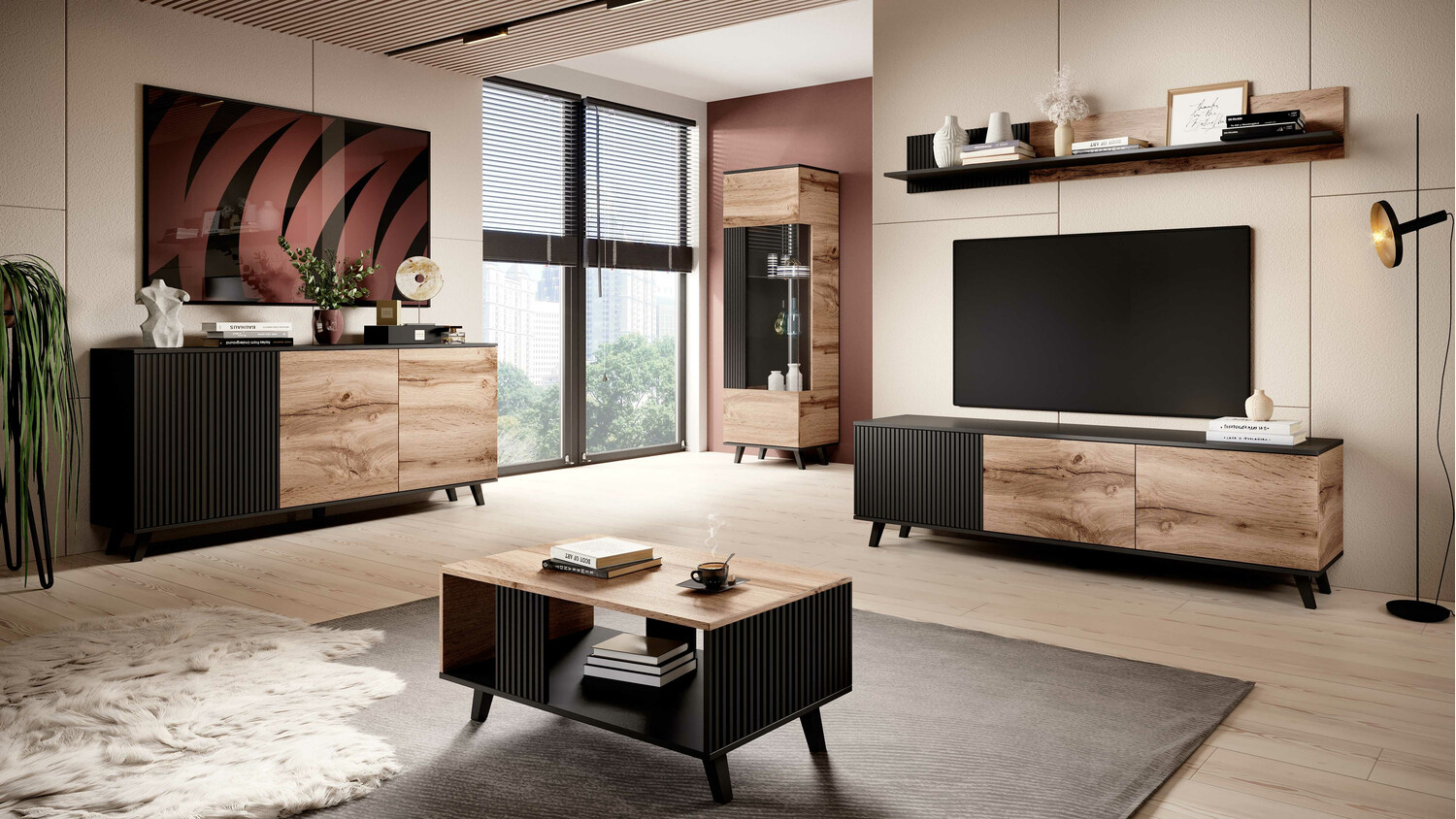 Estantería Luelia 112 (Negro + Roble wotan)