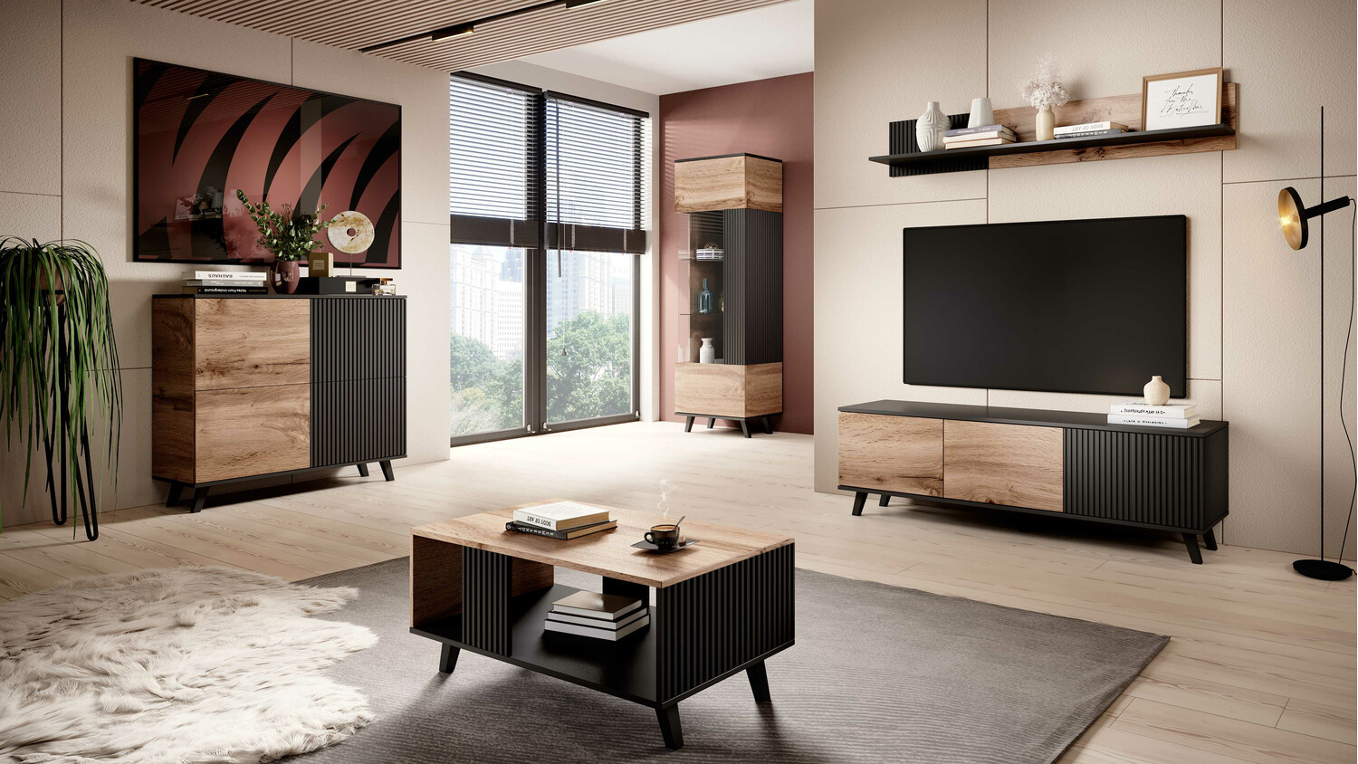 Estantería Luelia 112 (Negro + Roble wotan)