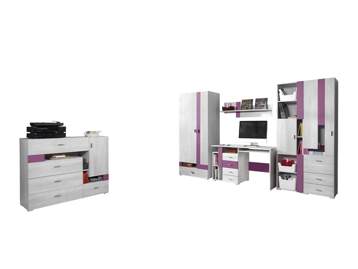 Conjunto de dormitorio infantil Omaha D143 (Púrpura + Pino blanqueado)