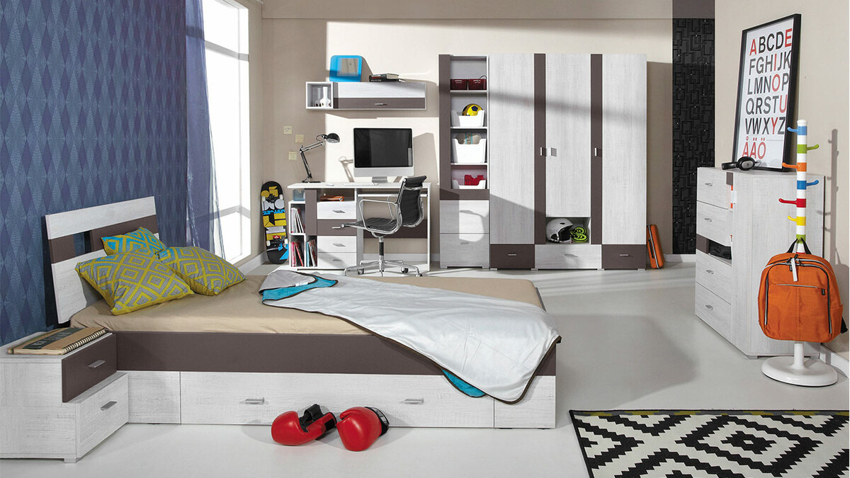 Conjunto de dormitorio infantil Omaha D144 (Marrón + Pino blanqueado)