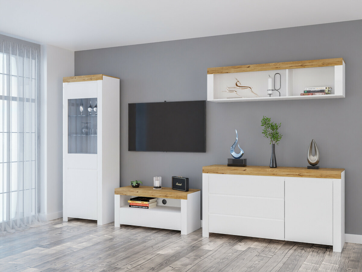 Conjunto de salón Sonsoru 144 (Blanco + Blanco brillante + Roble wotan)