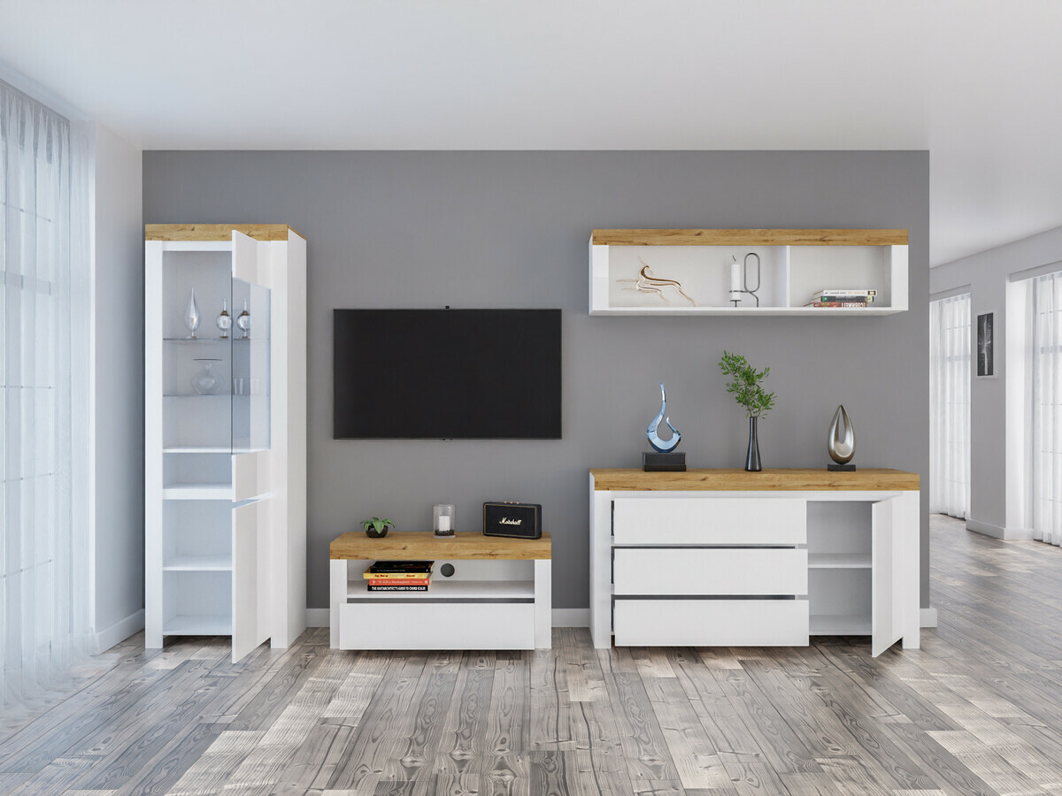 Conjunto de salón Sonsoru 144 (Blanco + Blanco brillante + Roble wotan)