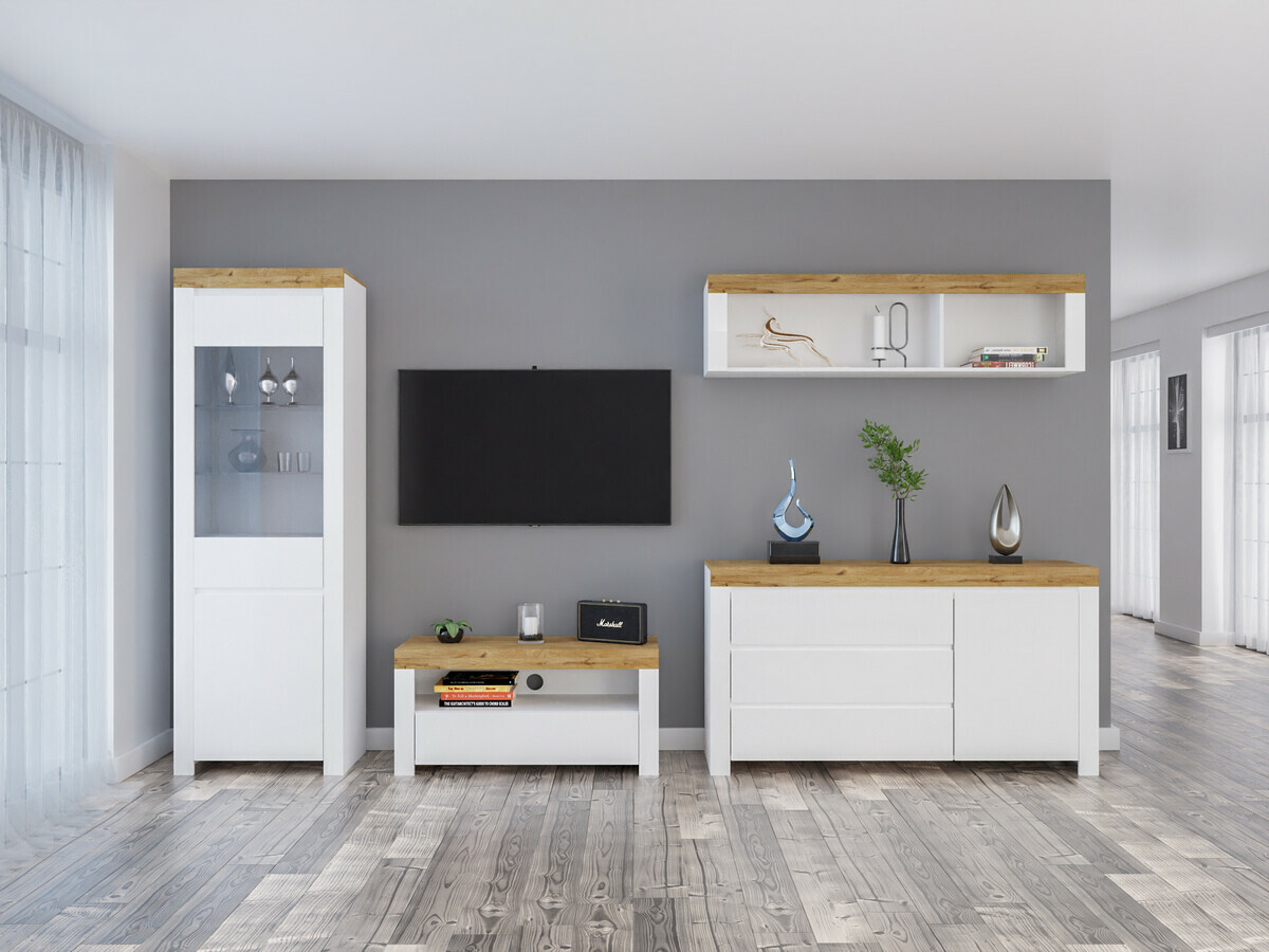 Conjunto de salón Sonsoru 144 (Blanco + Blanco brillante + Roble wotan)