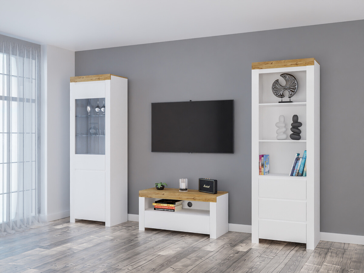 Conjunto de salón Sonsoru 145 (Blanco + Blanco brillante + Roble wotan)