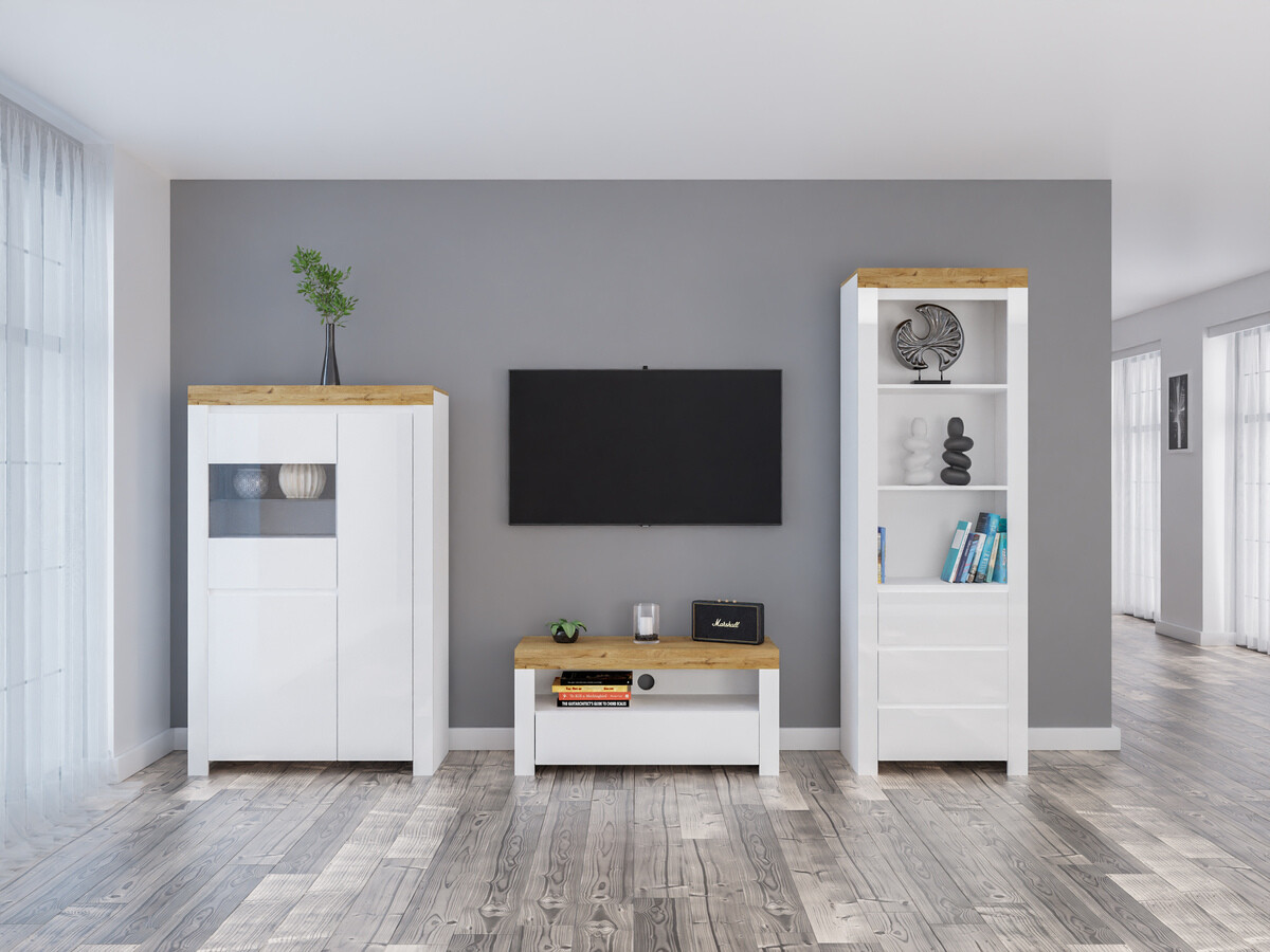 Conjunto de salón Sonsoru 146 (Blanco + Blanco brillante + Roble wotan)