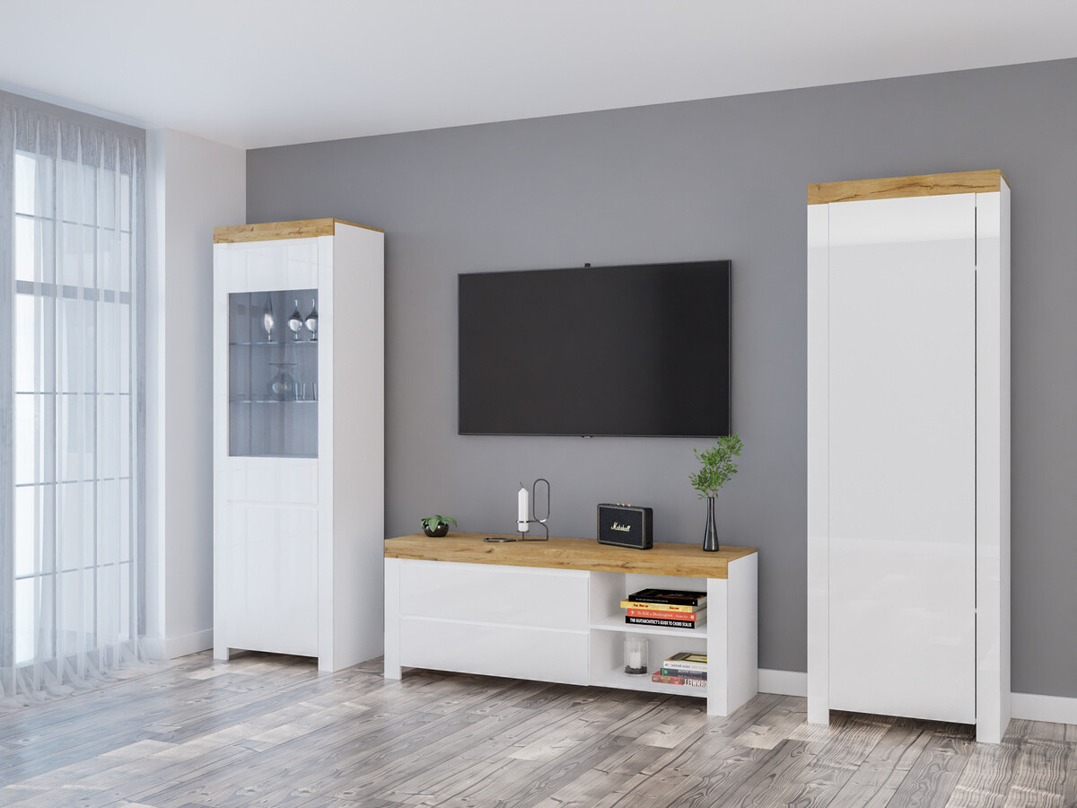 Conjunto de salón Sonsoru 148 (Blanco + Blanco brillante + Roble wotan)