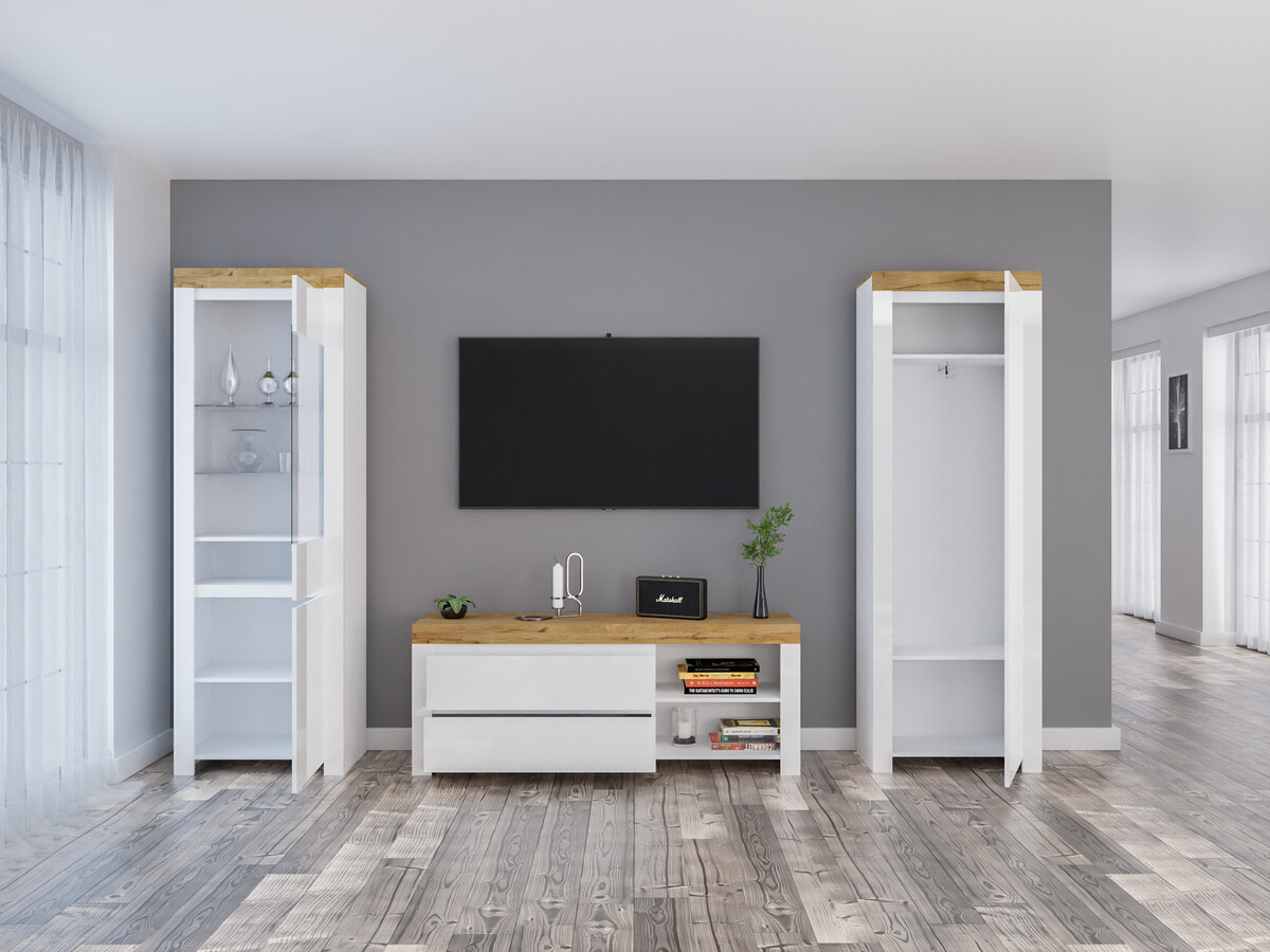 Conjunto de salón Sonsoru 148 (Blanco + Blanco brillante + Roble wotan)