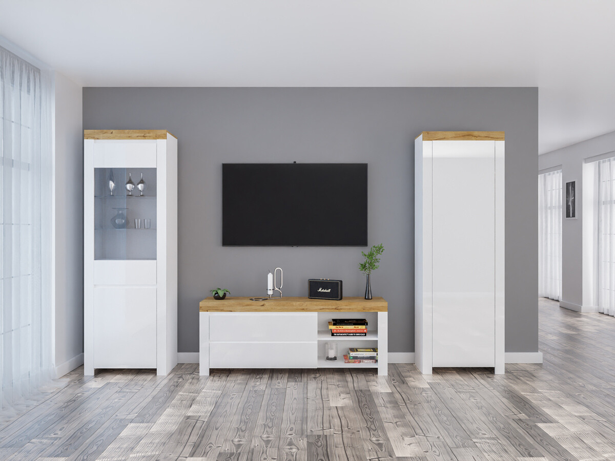 Conjunto de salón Sonsoru 148 (Blanco + Blanco brillante + Roble wotan)