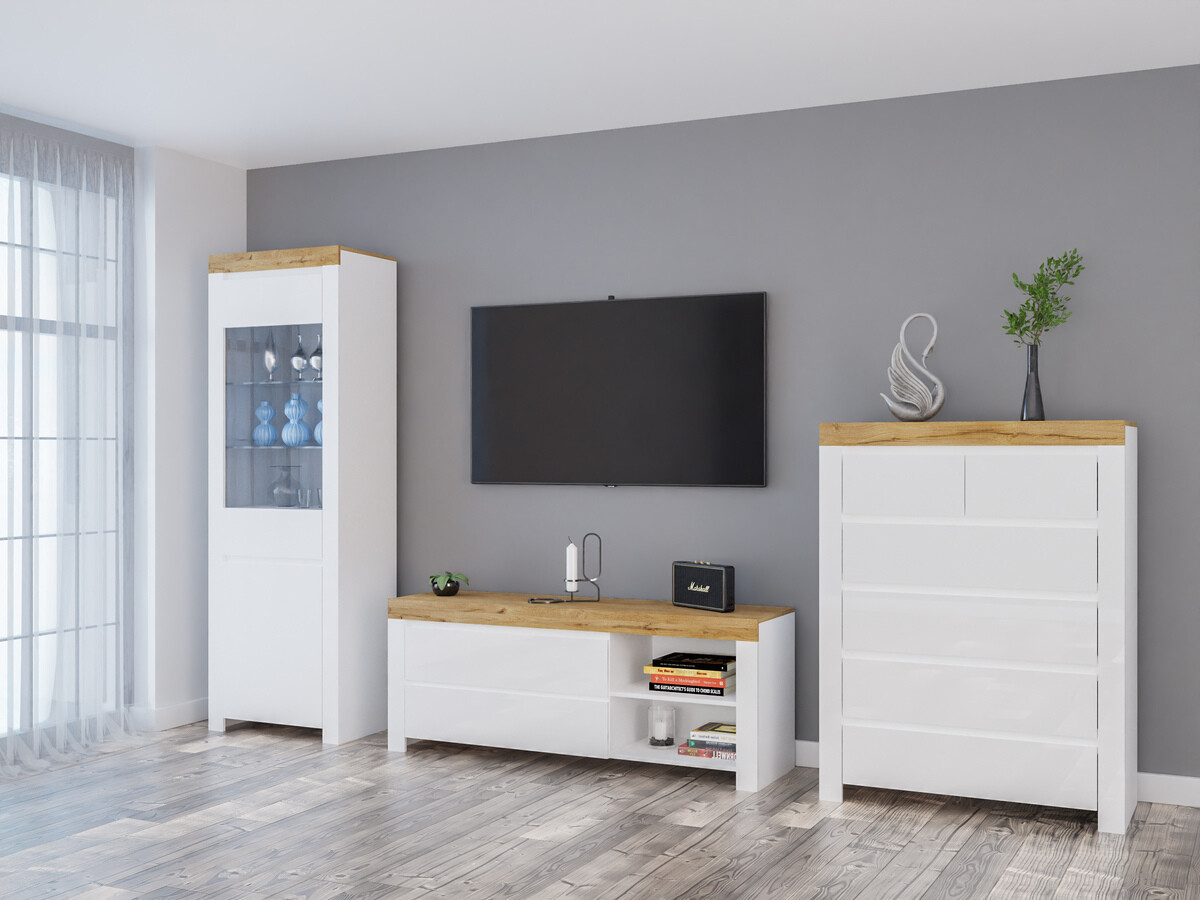 Conjunto de salón Sonsoru 149 (Blanco + Blanco brillante + Roble wotan)