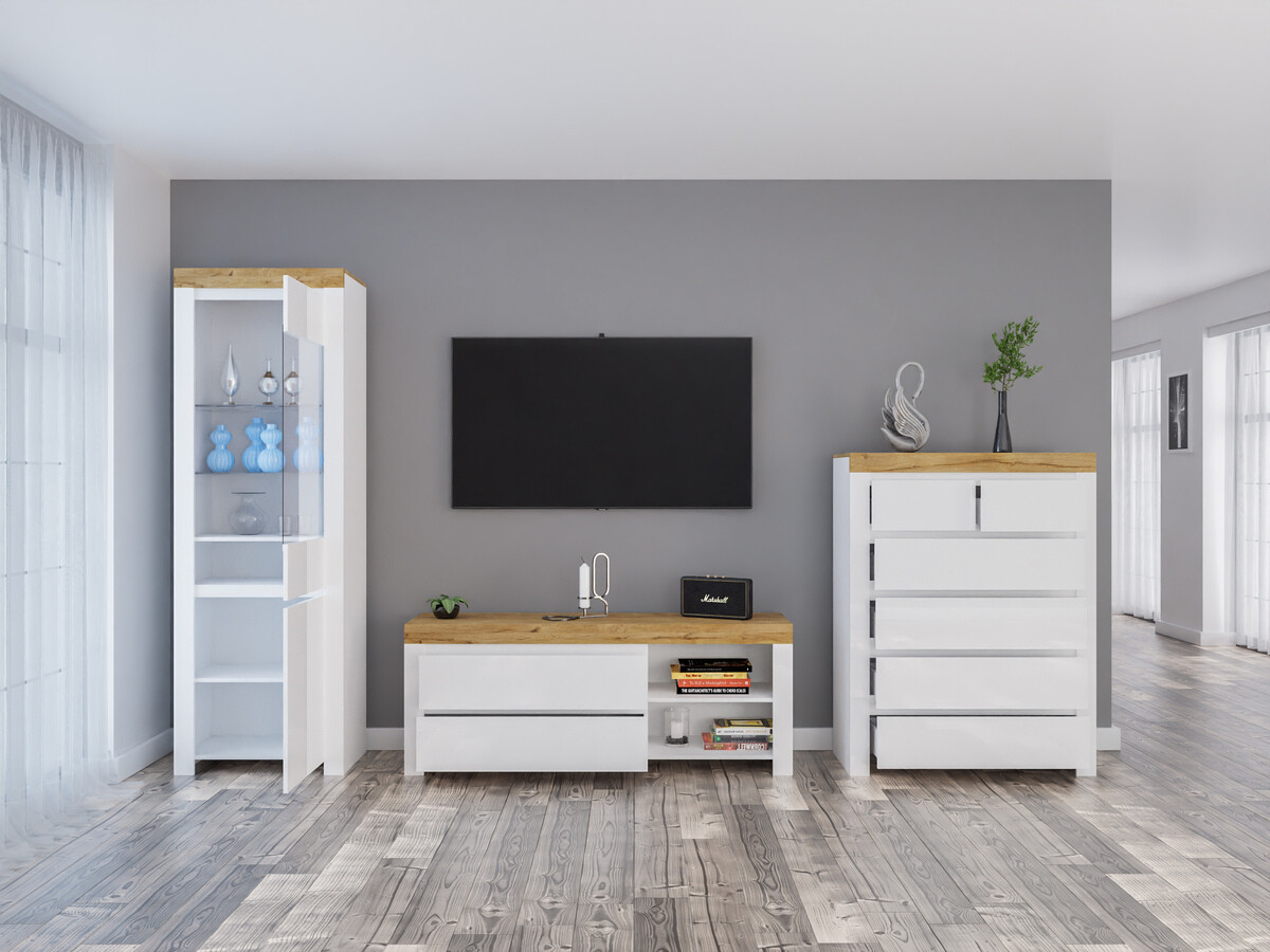 Conjunto de salón Sonsoru 149 (Blanco + Blanco brillante + Roble wotan)