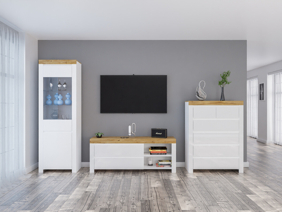 Conjunto de salón Sonsoru 149 (Blanco + Blanco brillante + Roble wotan)