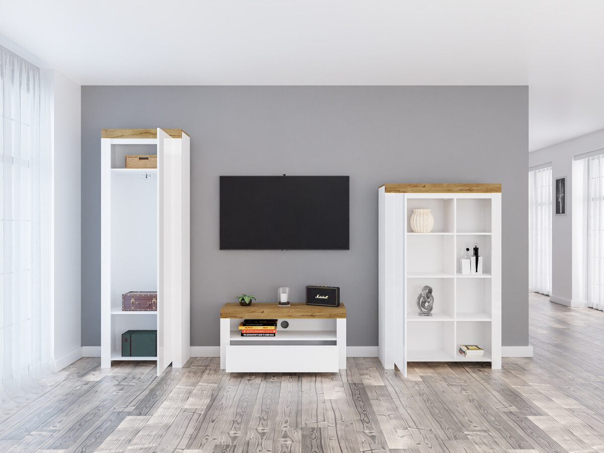 Conjunto de salón Sonsoru 147 (Blanco + Blanco brillante + Roble wotan)