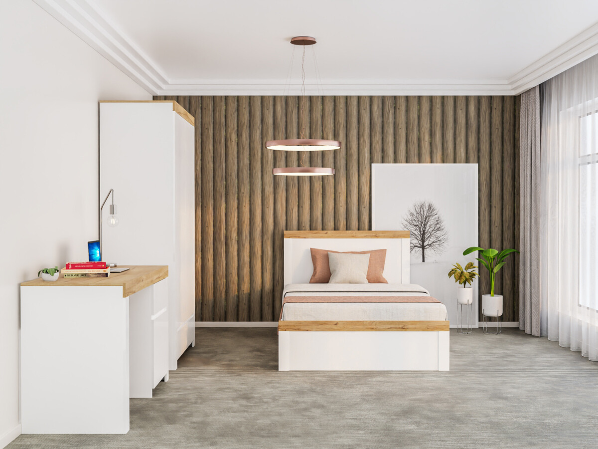 Cama Sonsoru 115 (Blanco + Blanco brillante + Roble wotan)