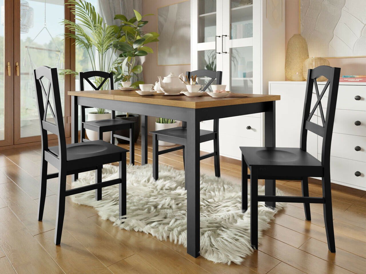 Conjunto de mesas y sillas para comedor Victorville 280 (Negro + Roble nieto)