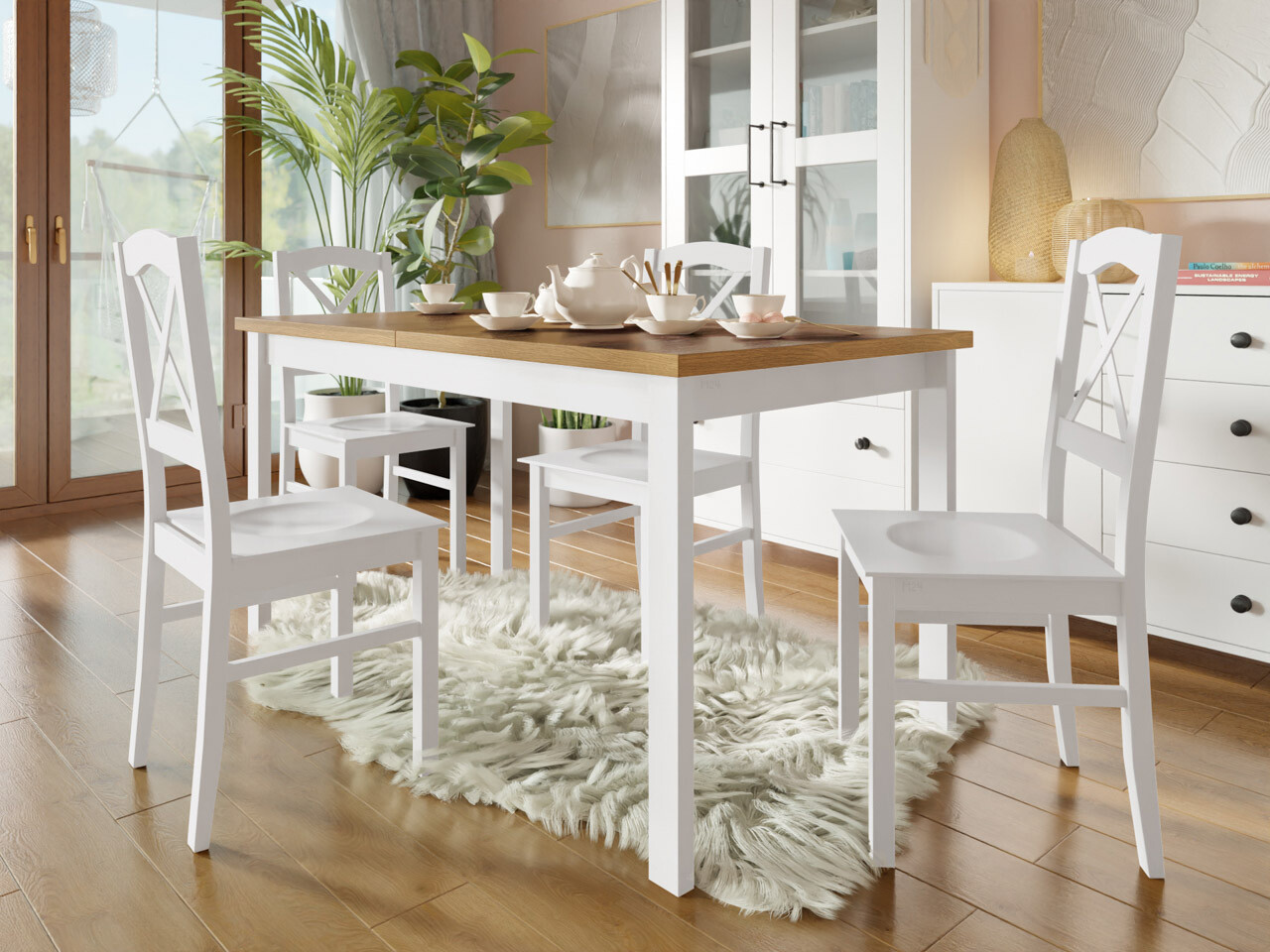 Conjunto de mesas y sillas para comedor Victorville 281 (Blanco + Roble nieto)