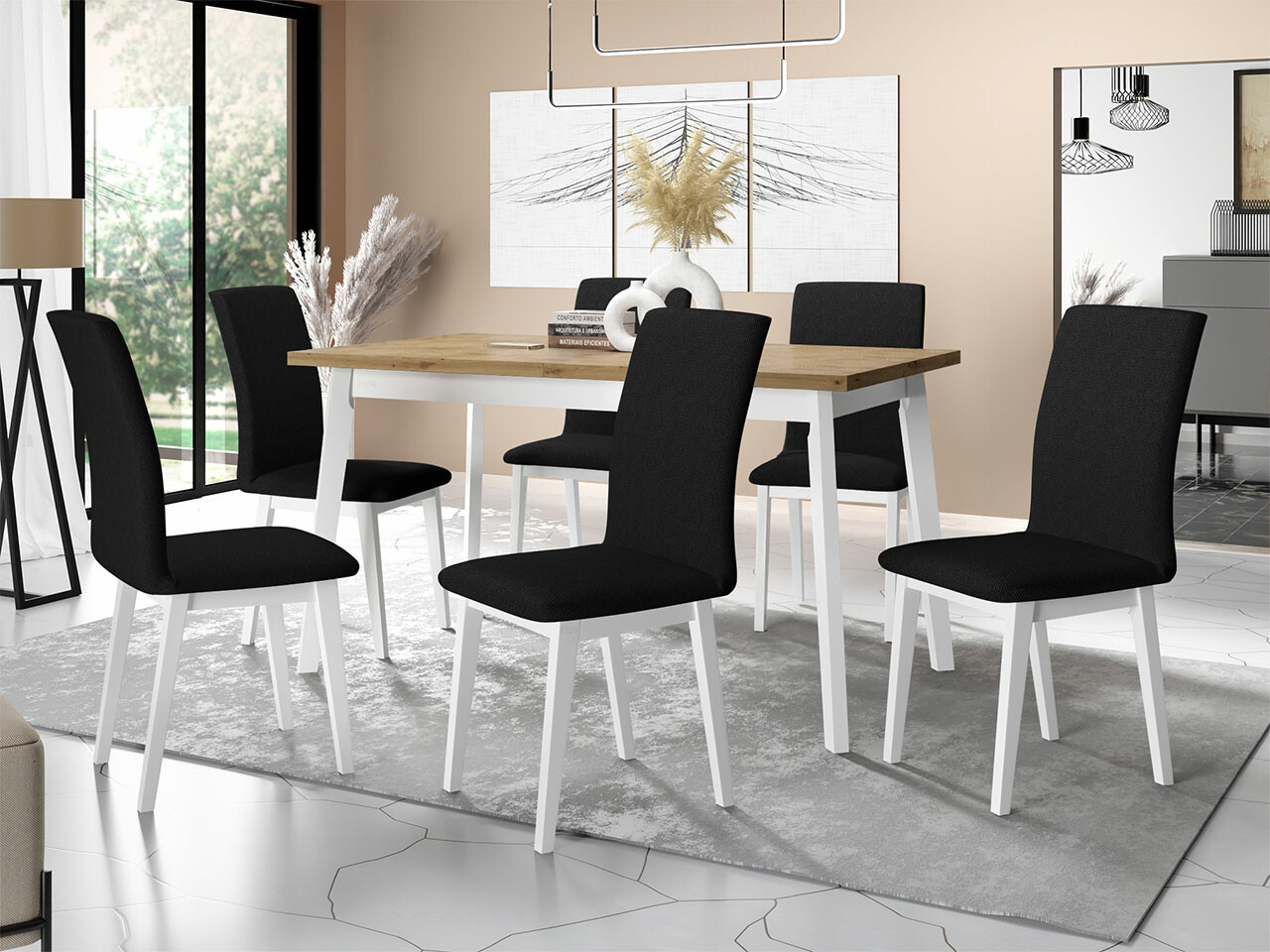 Conjunto de mesas y sillas para comedor Victorville 285 (Roble Artisan + Blanco)