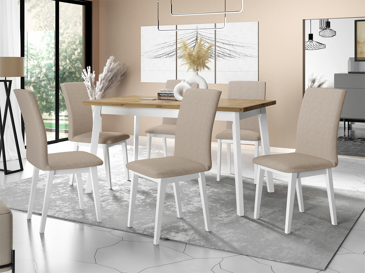 Conjunto de mesas y sillas para comedor Victorville 285 (Roble Artisan + Blanco)
